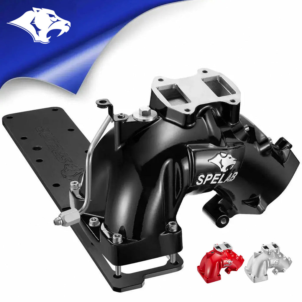 Black SPELAB 6.7L Cummins intake horn with red and silver options, performance diesel part
