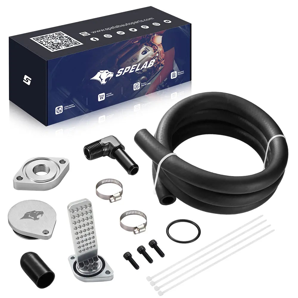 SPELAB Silver CCV Crankcase Ventilation Reroute with Internal Catch Can for Ford F250 F350 6.7L