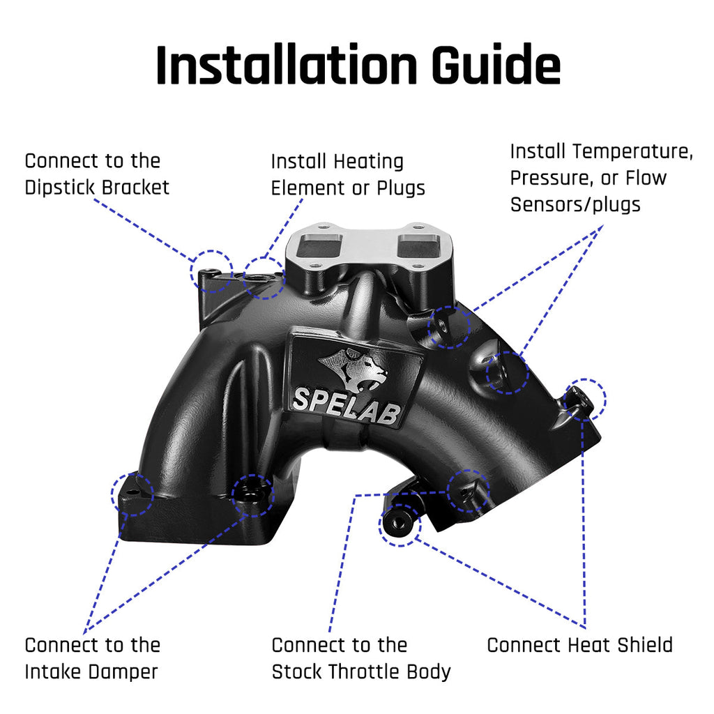 SPELAB 6.7L Cummins intake horn installation guide with sensor and bracket connections
